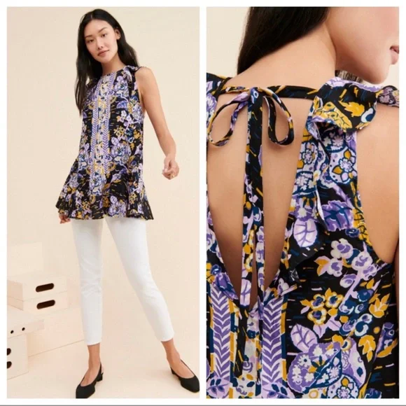 NEW FREE PEOPLE SUMMER TULUM TUNIC PURPLE/GOLD FLORAL OPEN BACK SIZE XS/S NWT - Picture 2 of 9